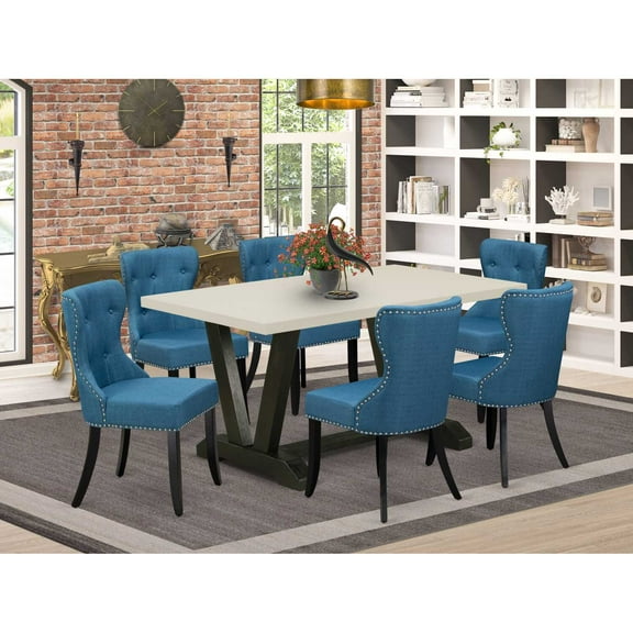 East West Furniture 6-Pc Modern Dining Table Set- 4 Parson Chairs with Doeskin Linen Fabric Seat and Button Tufted Chair Back - Rectangular Top & Wooden Cross Legs Dining Room Table and Dining Bench -