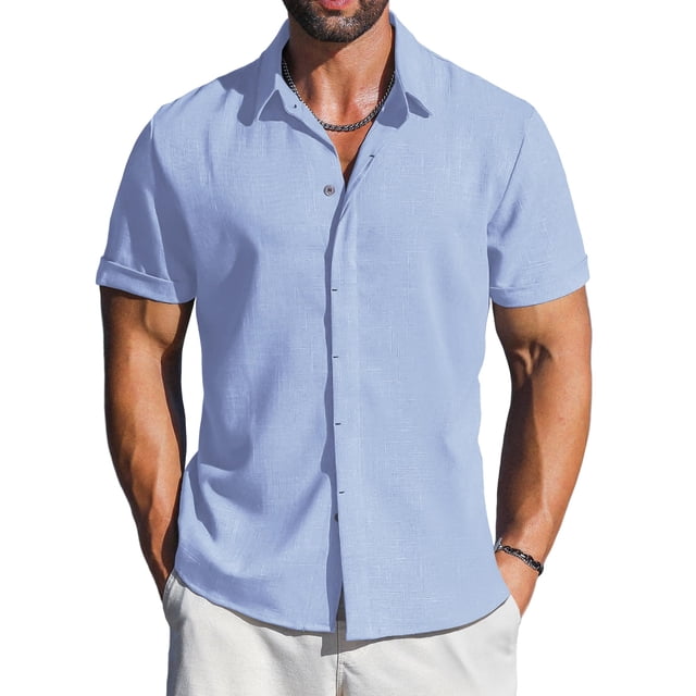 Camisa de lino LETSEE de manga corta, casual, con botones, azul claro