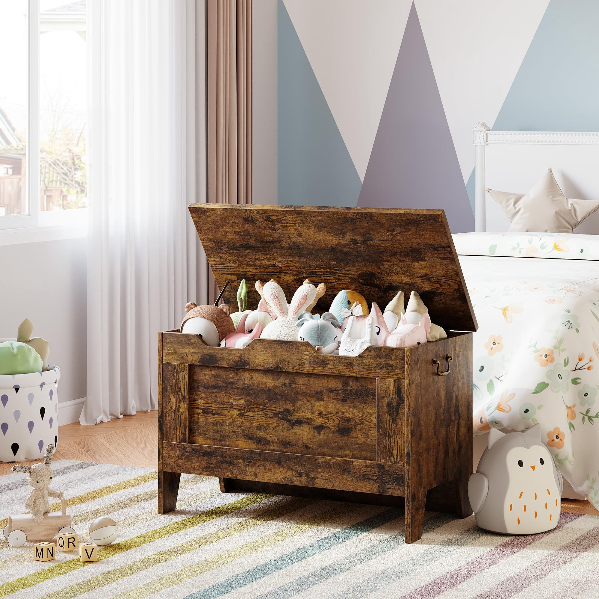 Huisuilinss Storage Bench,24.8” Retro Wooden Storage Chest with U-Shaped Cut-Out Pull, Safety Hinge, Supports 350 lb and Easy Assembly for Toy Box Organizer