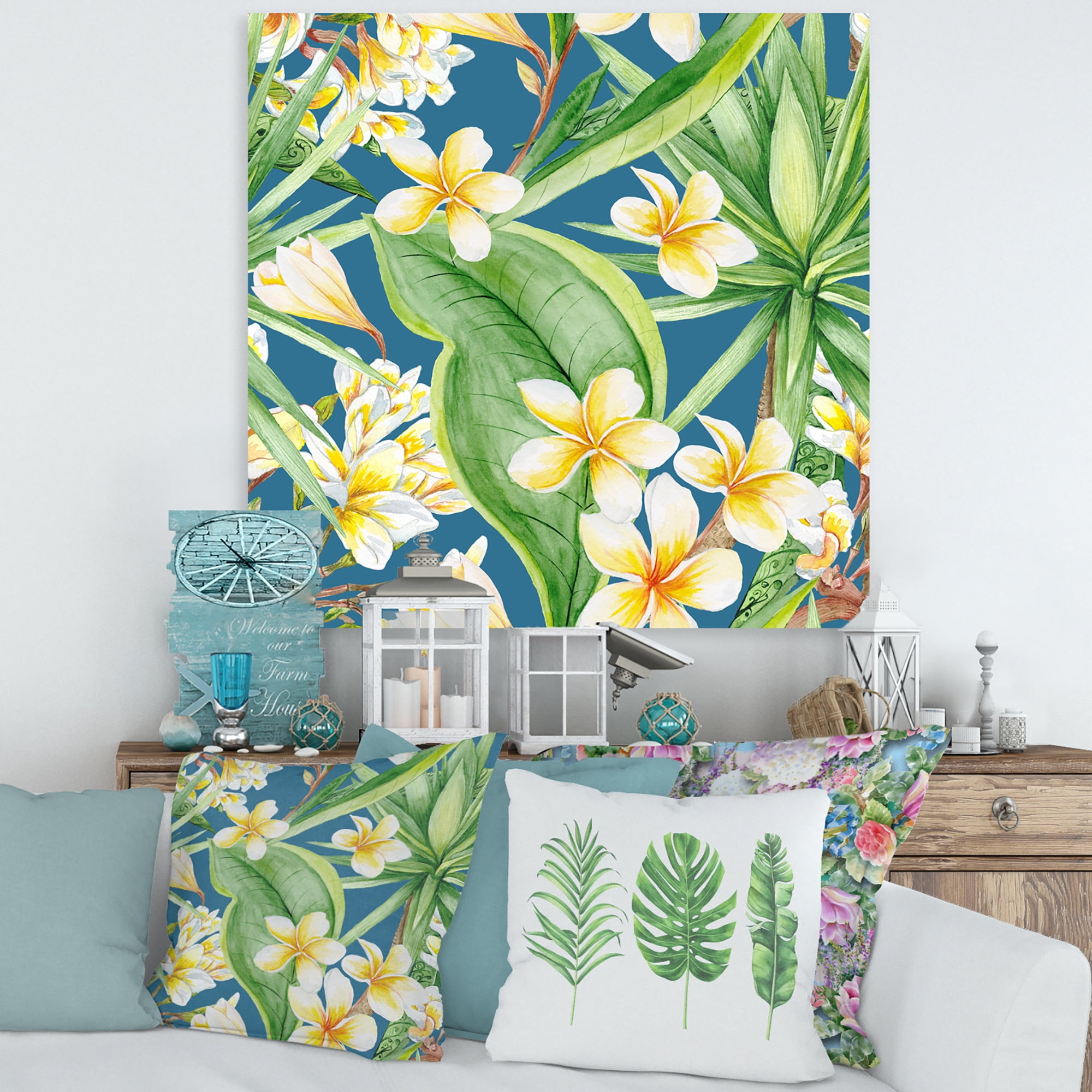 Designart ' Yellow Flowers and Tropical Foliage XV ' Modern Canvas Wall Art Print