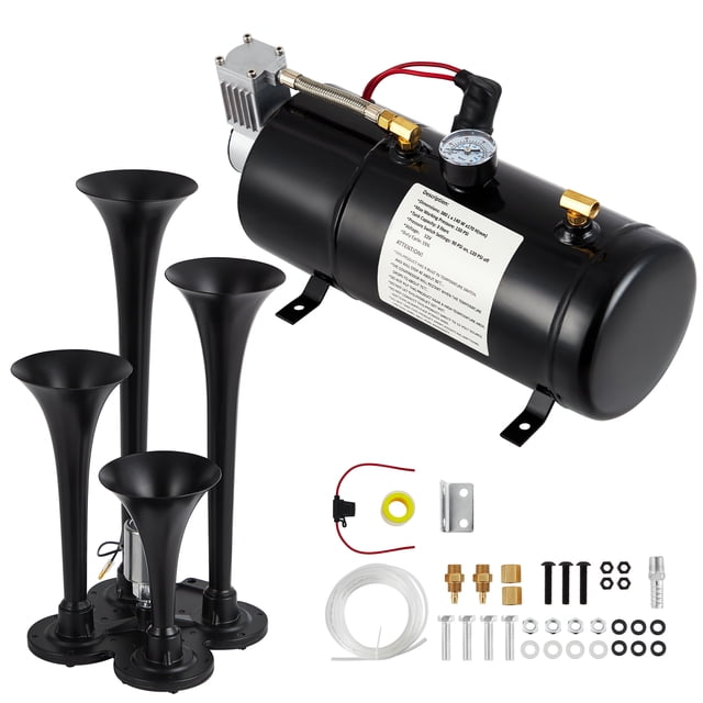 Qinaqin 150dB 4-Trumpet Train Air cm de Alturaorn Kit para Truck Pickup SUV RV – 12V 150 PSI Resistente Compressor 1 Gallon Tank Leak-Resistant Shock Absorption System 4 Speaker Stacking 3L/1 Gallon