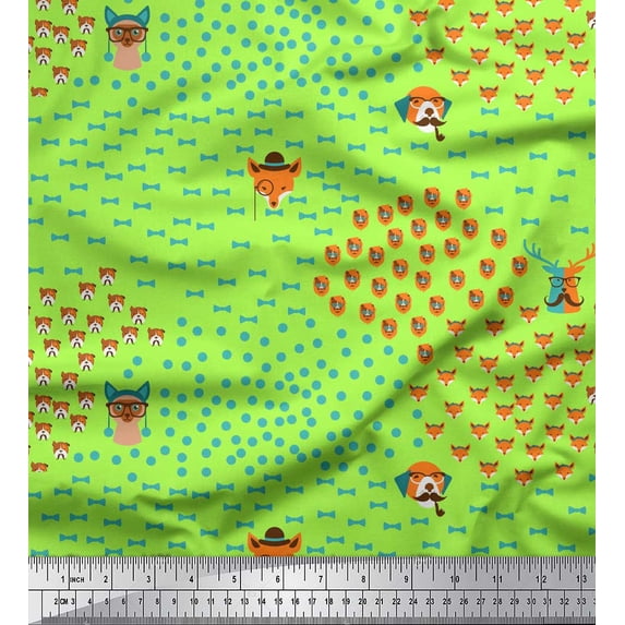 Soimoi Green Velvet Fabric Bow & Dog Face Cartoon Printed Craft Fabric by the Yard 58 Inch Wide