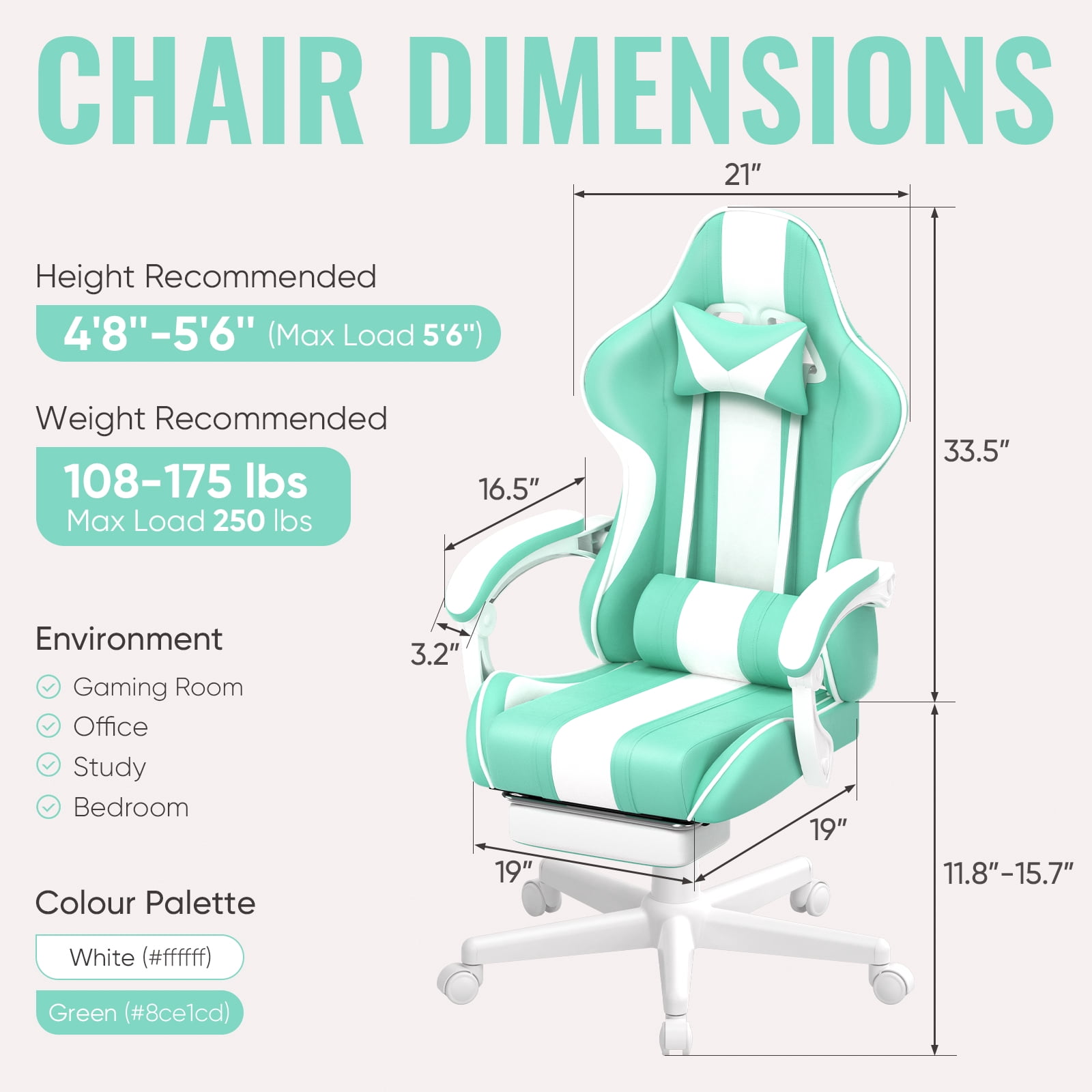 SOONTRANS Gaming Chair with Footrest, Girl Leather Gamer Game Chair for Adult, Reclining Adjustable Game Office Chairs Massage Pillows, Video Computer Chair with Bunny Ears, Green