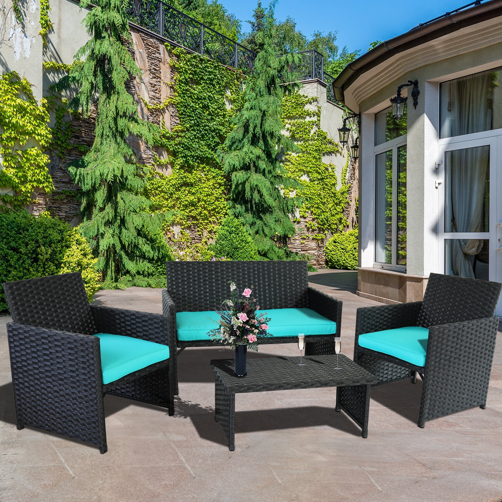 Rattaner 4 Pieces Patio Conversation Sets Outdoor Wicker Furniture