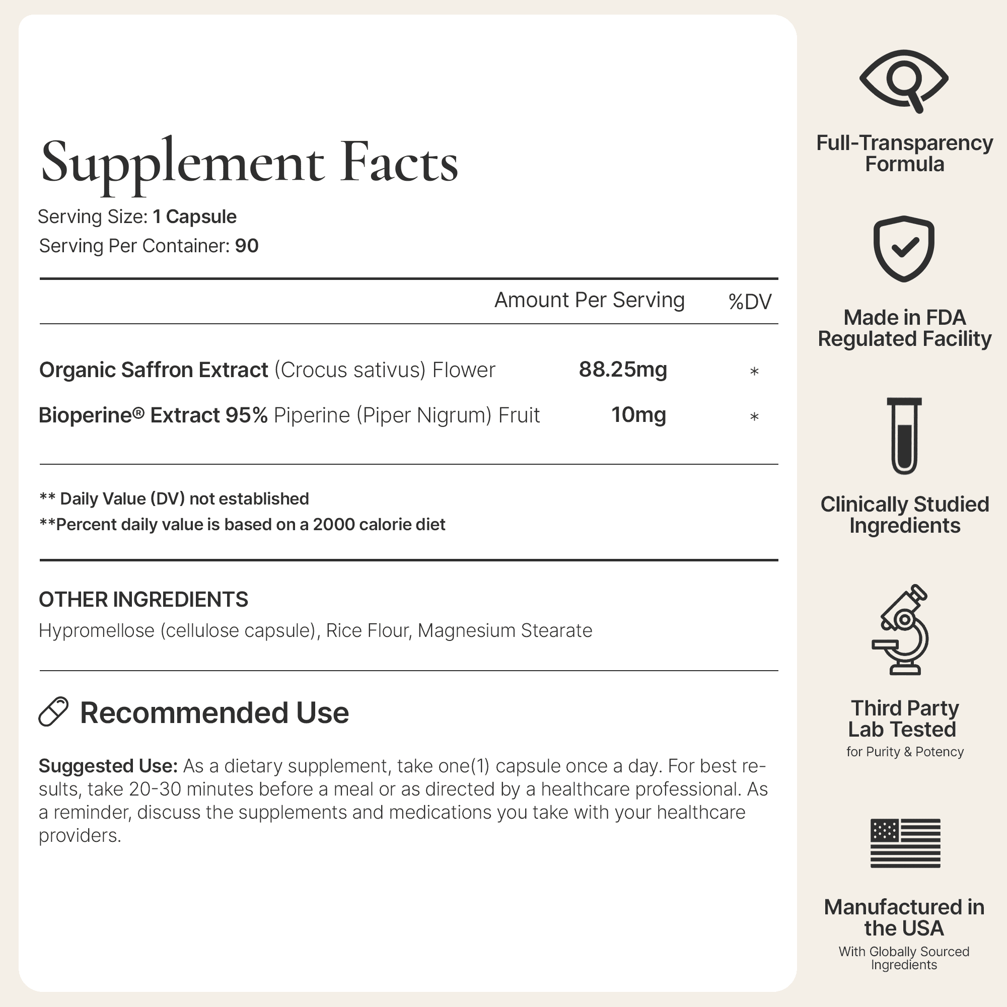 Saffron Supplement – Organic Saffron Extract With BioPerine® For Enhanced Absorption - Appetite Suppressant For Weight Loss – Energy & Mood Support (90 Capsules)