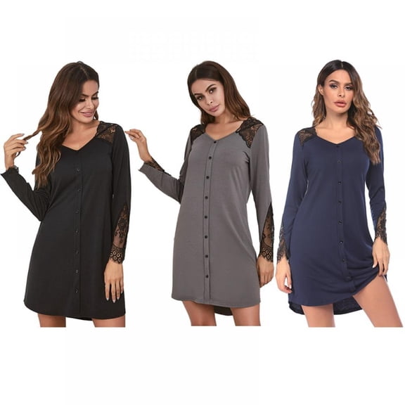 Women's Pajamas,Long-sleeved Pajamas,Comfortable Sleep Shirt Dress,Lace V-neck Skirt,Black,Size S