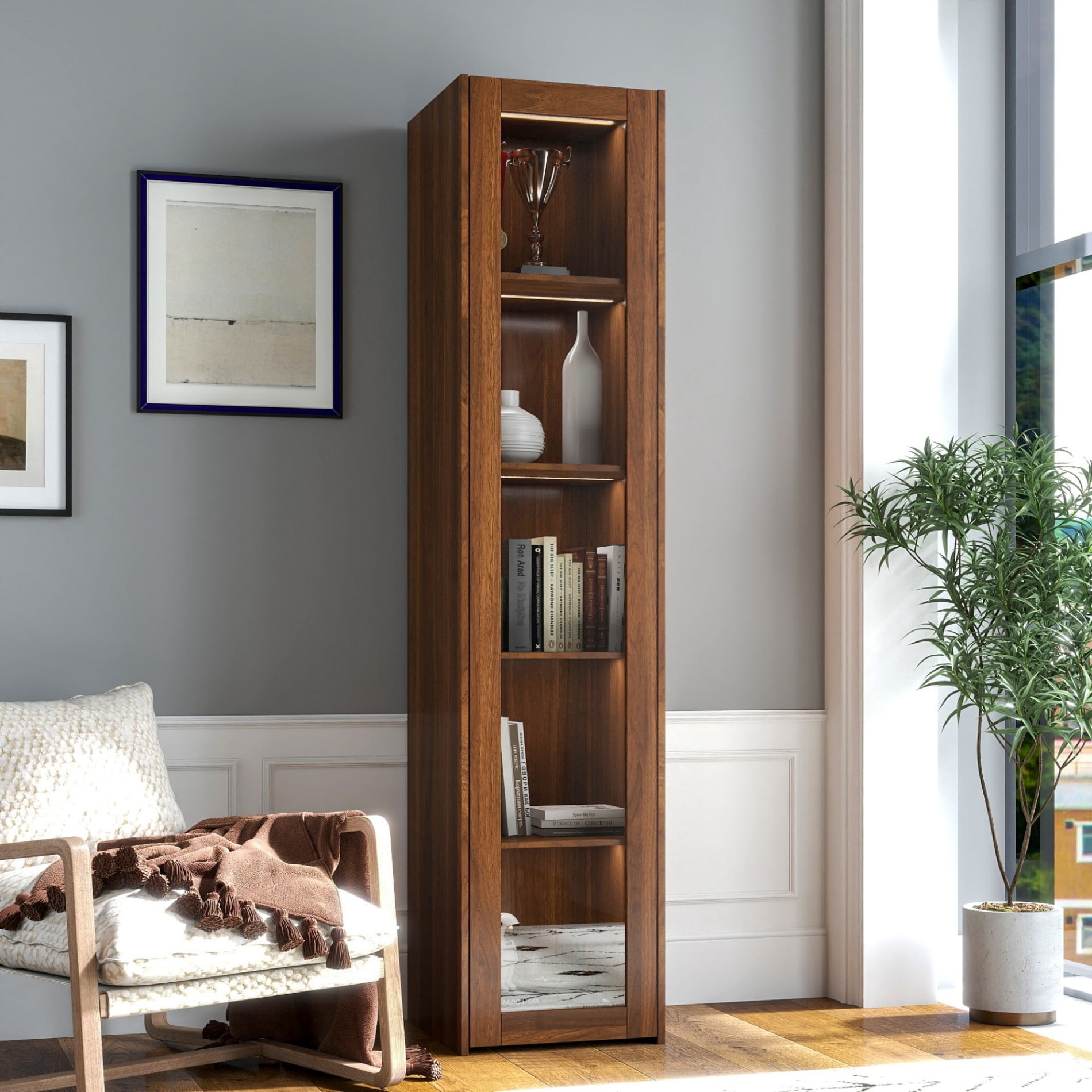 Display Cabinet with Acrylic Doors, 5 Shelf Curio Cabinet with LED Lights, Tall Bookcase Storage Organizer for Living Room Bedroom, Walnut