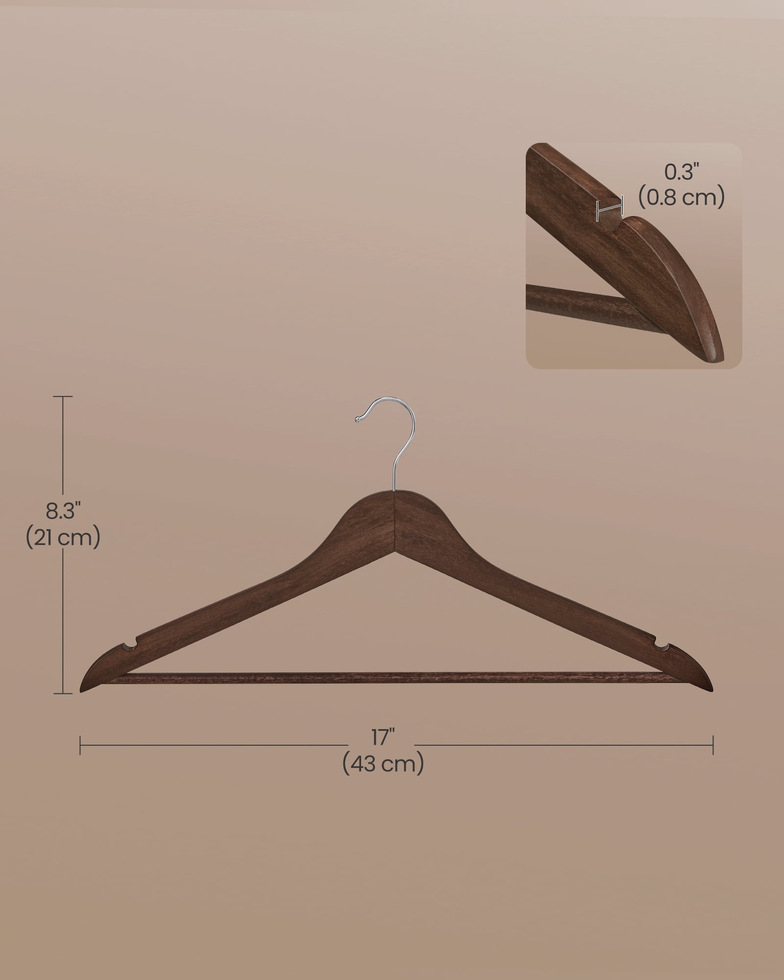 30-Pack Solid Birch Wood Hangers with Pants Bar & 360° Swivel Hooks, Space Saving Closet Organizers for Jackets Coats, Walnut Brown