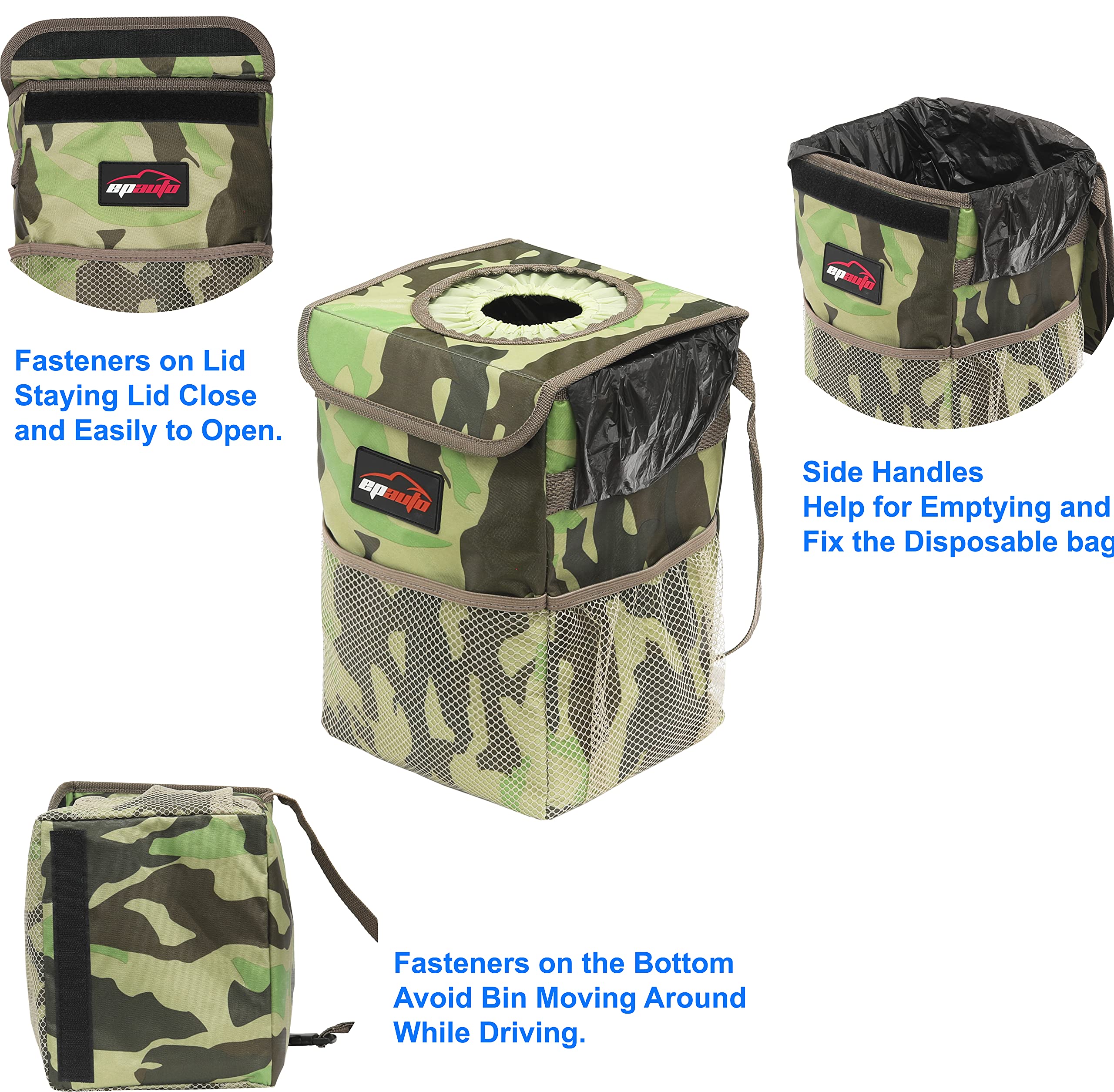 EPAuto Waterproof Car Trash Can with Lid and Pockets, Camouflage Green 
