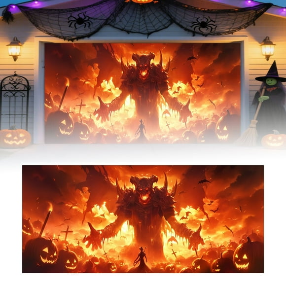 Halloween Garage Banner Decorations Outdoor Indoor Hanging Party Supplies Scary Pumpkin Bat Theme Decorative Sign Extendable Flag Pole for Tailgating Cute Banner Mini Flag Holder Porch Wooden Flag