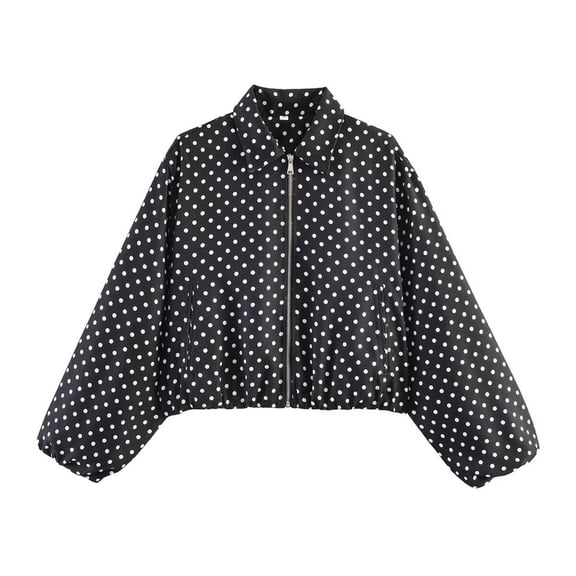 Women's Polka Dot Cropped Jacket Lightweight Zip Up Lapel Casual