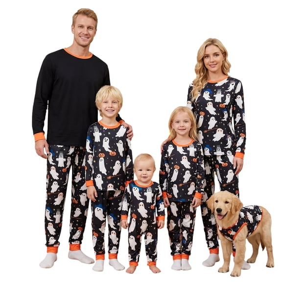 RUINIXCW Family Halloween Pajamas Matching Set Outfit Holiday Jammies Ghost Pumpkin Long Sleeve Tops and Pants Sleepwear for Adult Kids Toddler Baby