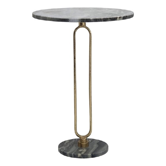 Side End Table- 16 Inch Round Marble Top- U-Shaped Gold Metal Stem- Black