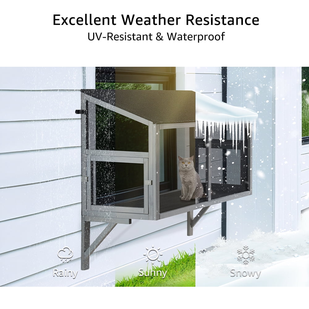 unipaws Bug Proof Cat Catio, Window Box Enclosure for Indoor Cats, Wooden Cat Window Perch House