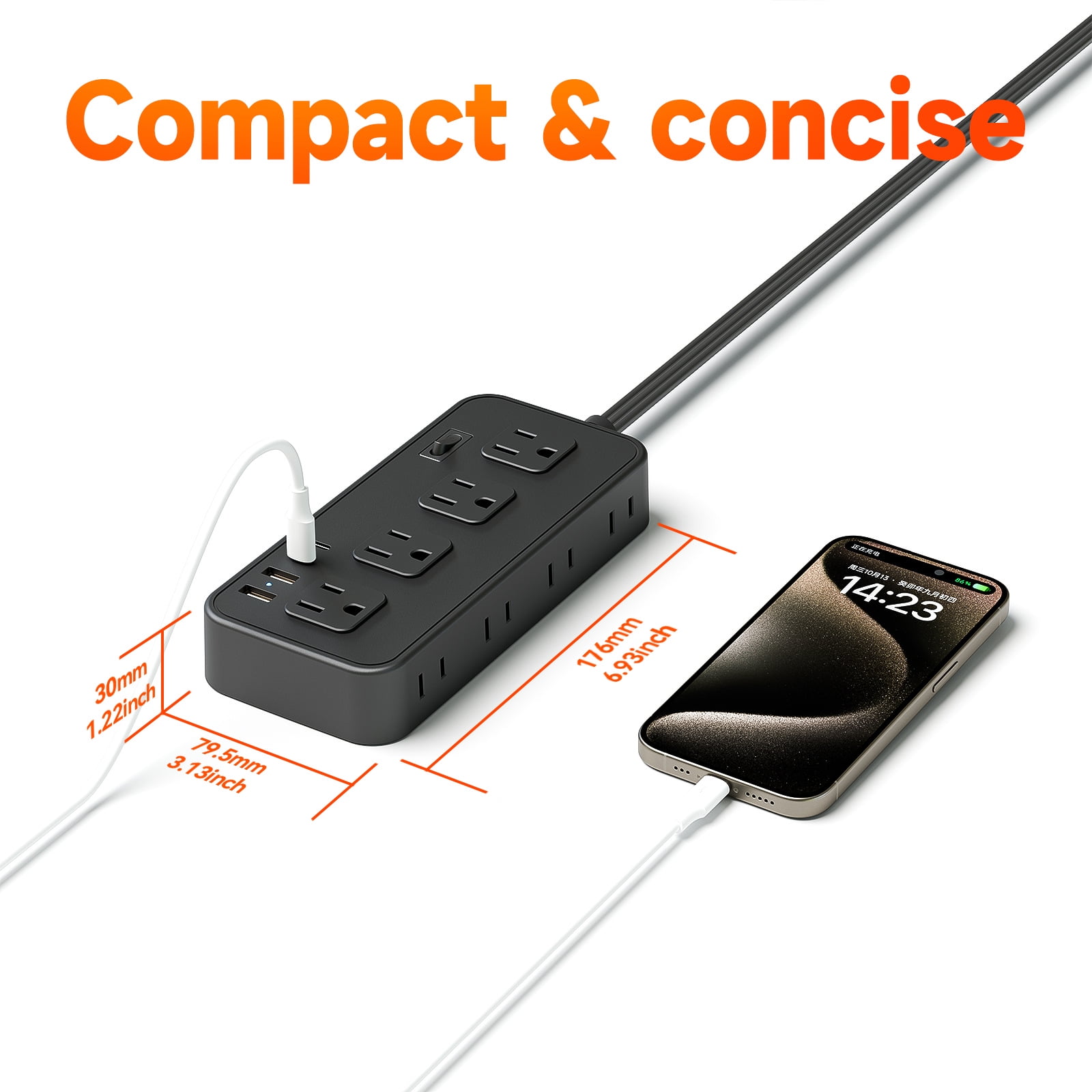 US Power Strip 8 Outlets Surge Protector 12 in 1 Charging Station2 USB C 2 USB Ports,5FT Flat Plug Extension Cord for Home