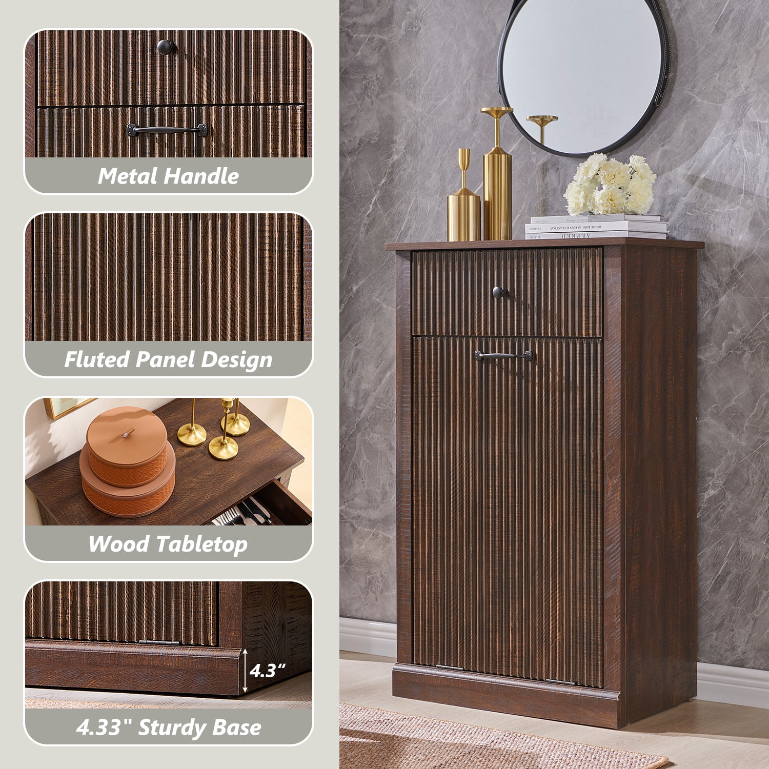 IFGET Fluted Tilt-Out Trash Can Cabinet, 10 Gallon Wood Hidden Garbage Can Cabinets with Storage Drawers, Laundry Hamper Cabinet for Bathroom, Kitchen