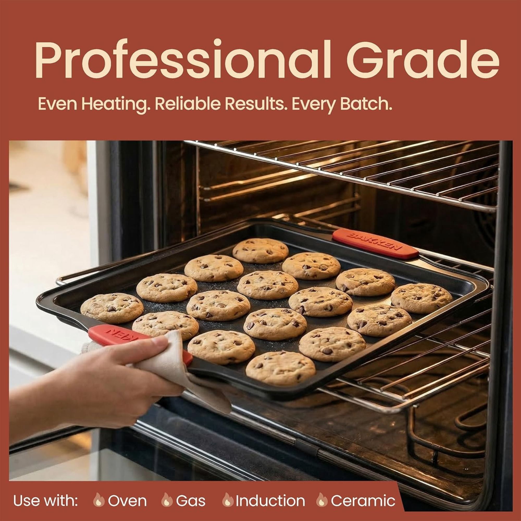 Bakken Swiss Kitchen Medium Nonstick Carbon Steel Baking Pan with Red Silicone Handles, Oven Safe up to 450°F