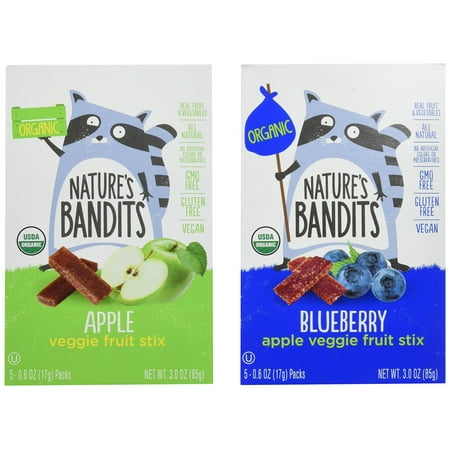 Kosher Vegan Gluten Free - Nature's Bandits Organic Fruit & Veggie Stix, Variety Pack (Apple & Blueberry), 0.6 Ounce 5 Pack (2 Count) Gluten Free, Vegan, Kosher Variety (Apple & Blueberry) Kidâ??s 0.6 oz - 2 Boxes of 5 Bags eac