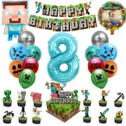 Minecraft Gaming Party Balloons with Age Number Balloon and Birthday Cake/Banner Decor Gamer Party Favors 8 years