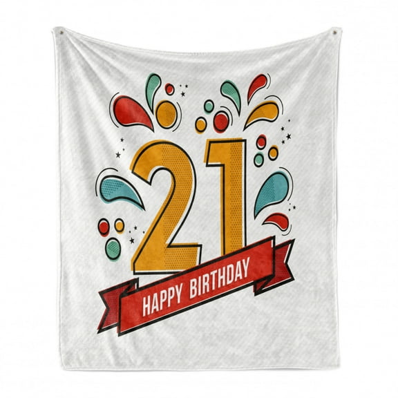 21st Birthday Soft Flannel Fleece Throw Blanket, Digital Print Age 21 with Sports Theme Design with Colorful Florals Print, Cozy Plush for Indoor and Outdoor Use, 70" x 90", Multicolor, by Ambesonne