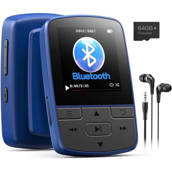 CocoBear MP3 Player with Bluetooth 5.3, 64GB Portable Music Player with Clip, HiFi Sound, FM Radio, Earphones Included, Blue