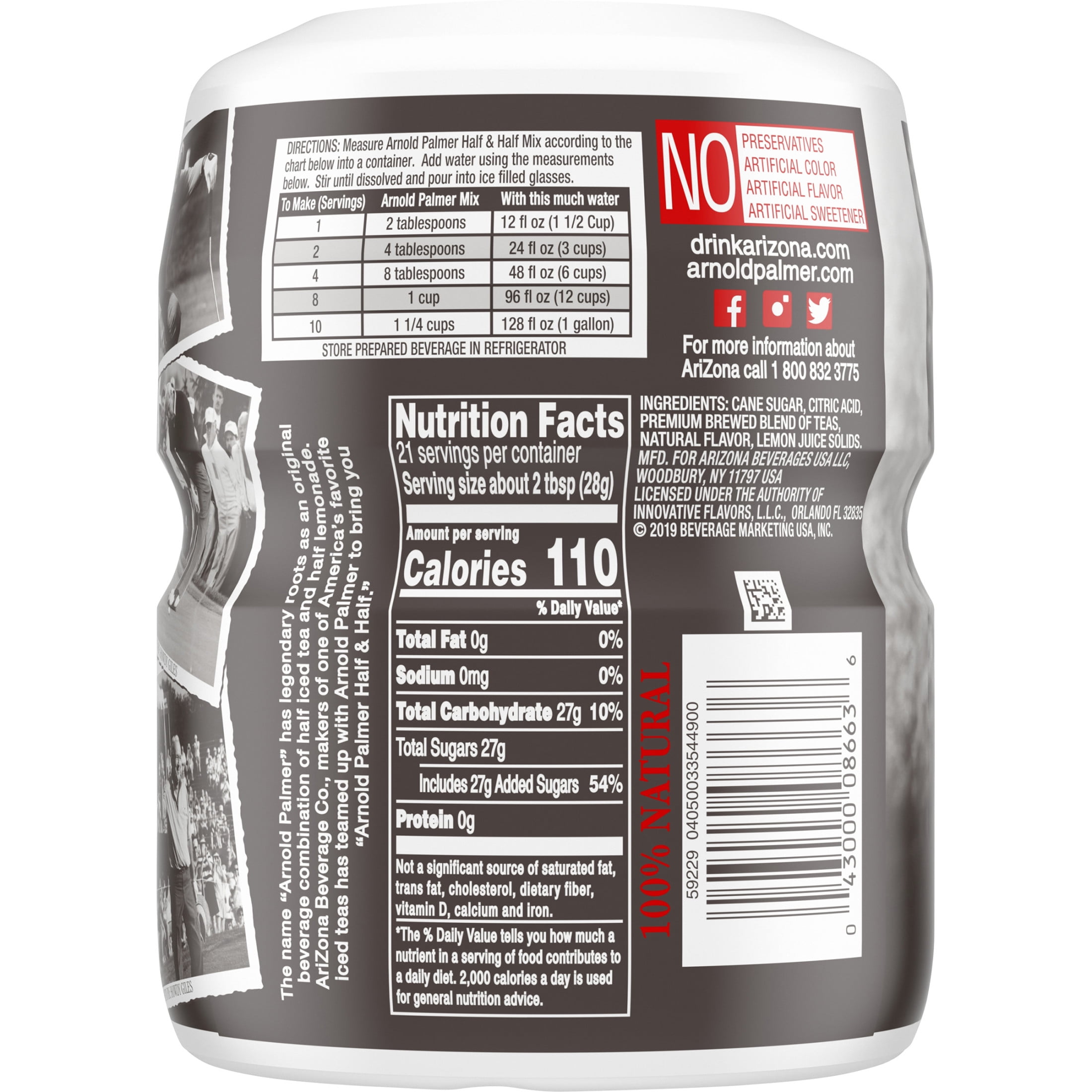 (4 pack) AriZona Arnold Palmer Half & Half Iced Tea Lemonade Naturally Flavored Sugar Sweetened Powdered Drink Mix, 20.4 oz Canister