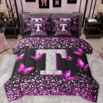 Feelyou Initial T Letter Bedding Comforter Set 7 Pieces, Sequin Print Monogrammed Full Bedding Set, Romantic Pink Butterfly Reversible Fitted Sheet Flat Sheet, Ultra Soft Bedroom Decor