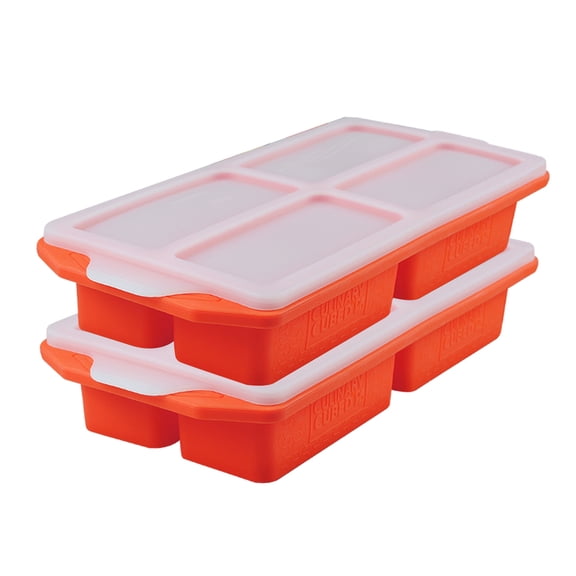 Culinary Cubed Silicone Freezer Trays with Lid 1-cup Soup Freezer Container large Ice Cube Molds with Reinforced Steel Ring Top for freezing Soup Sauce 1 Set 1-Cup Orange(2PC)