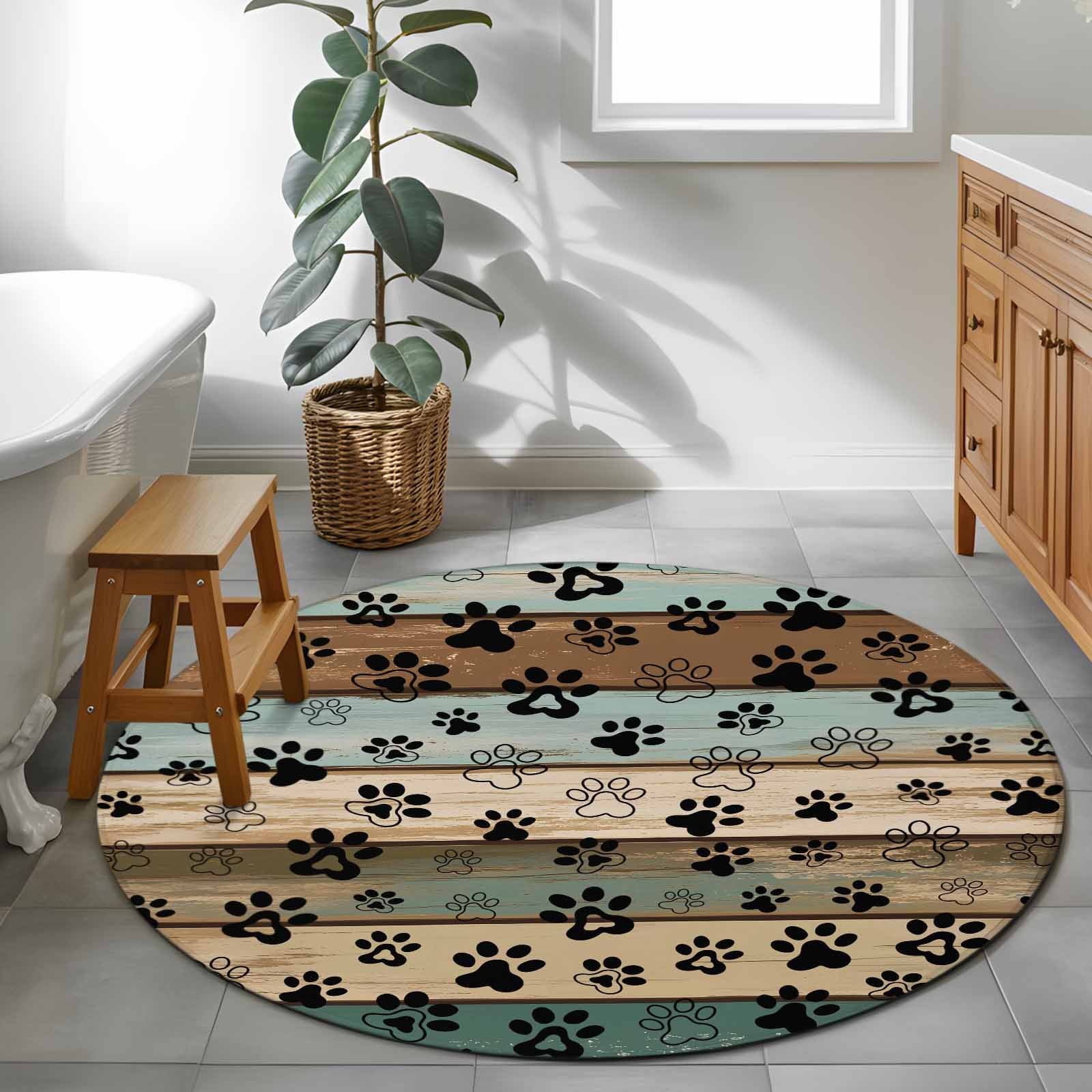 Dog Paws Printed Round Rugs 3ft, Vintage Teal Brown Wooden Farmhouse Non Slip Washable Rug Runner, Low Pile Indoor Floor Carpet Mat Bathroom Rugs for Living Room, Bedroom, Kids Room