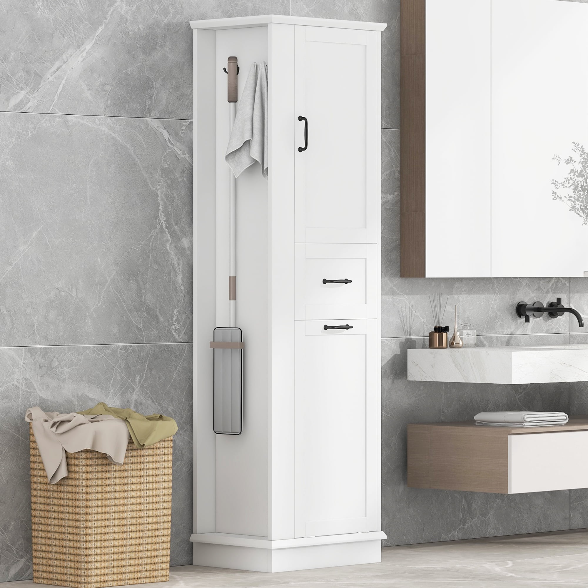 Euroco Tall Bathroom Storage Cabinet with Tilt-Out Hamper, Adjustable Shelves, Soft-Close Hinges, Side Hooks, Modern Slim Linen Tower Organizer