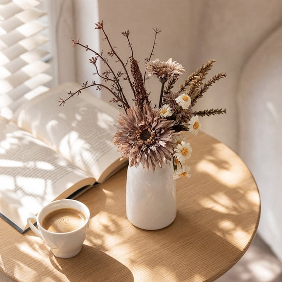 Mauve Brown Gerbera Daisy Artificial Bouquet Faux Sunflower Wildflower Bunch Farmhouse Rustic Kitchen Vase Wedding Table Centerpiece Decor Gift