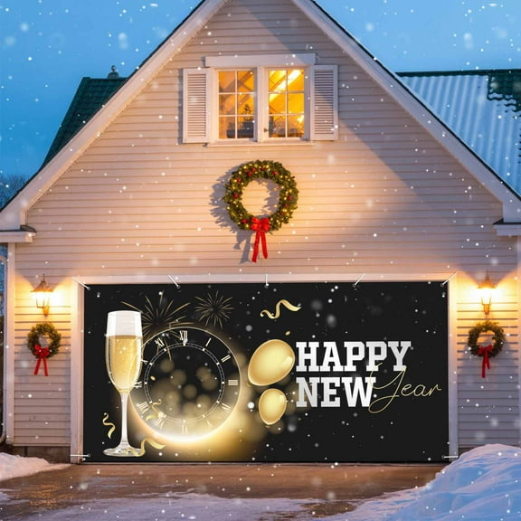 Happy New Year Garage Door Banner Covers, Gold Black Champagne Ribbons Clock Celebrate Large Hanging Indoor/Outdoor Backdrop Background for Christmas Winter Party Decor, 6.9x8 FT