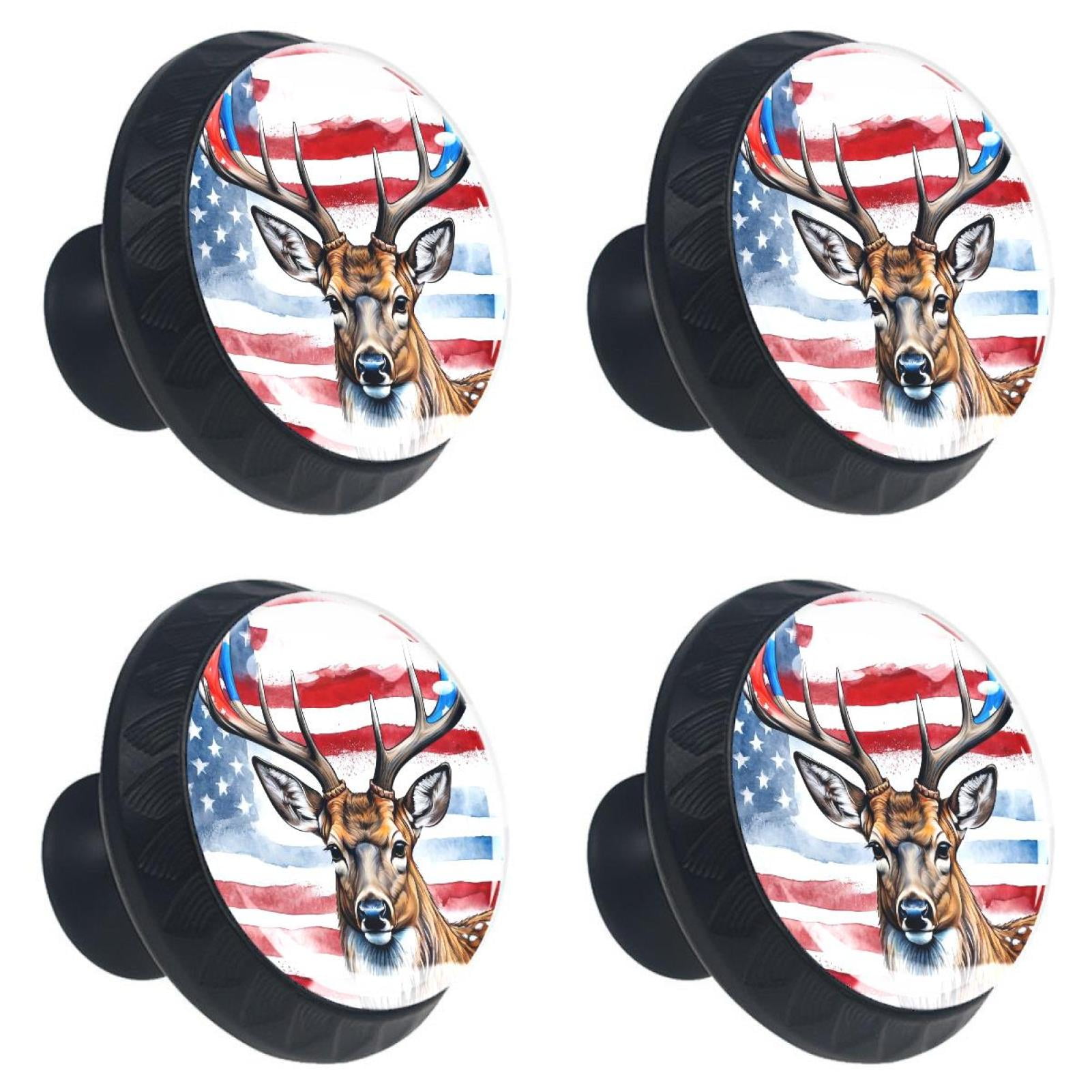 4 Pcs Deer and American Flag Knobs for Kitchen Cabinet Cupboard Dresser Bookcase Drawer Pulls Handles Round Home Decor