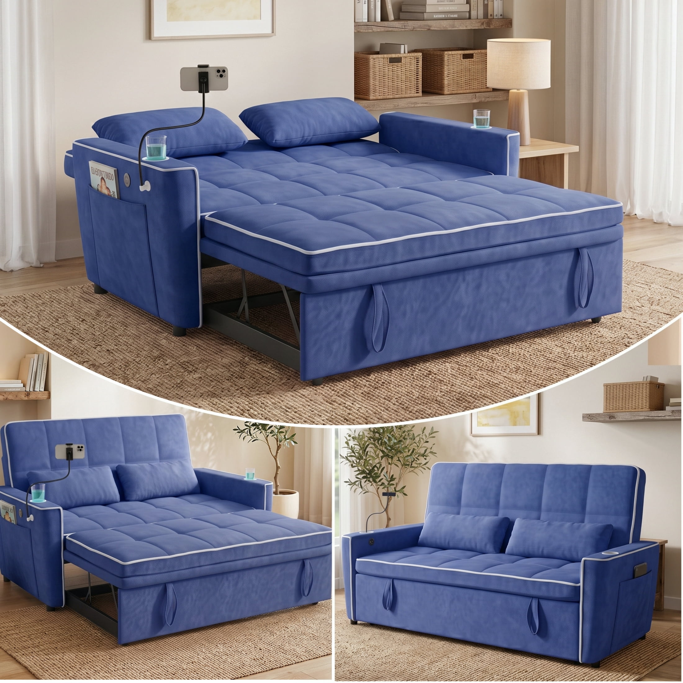Vinform Sleeper Sofa Bed, 3 in 1 Convertible Loveseat with Phone & Cup Colder for Small Space, Blue