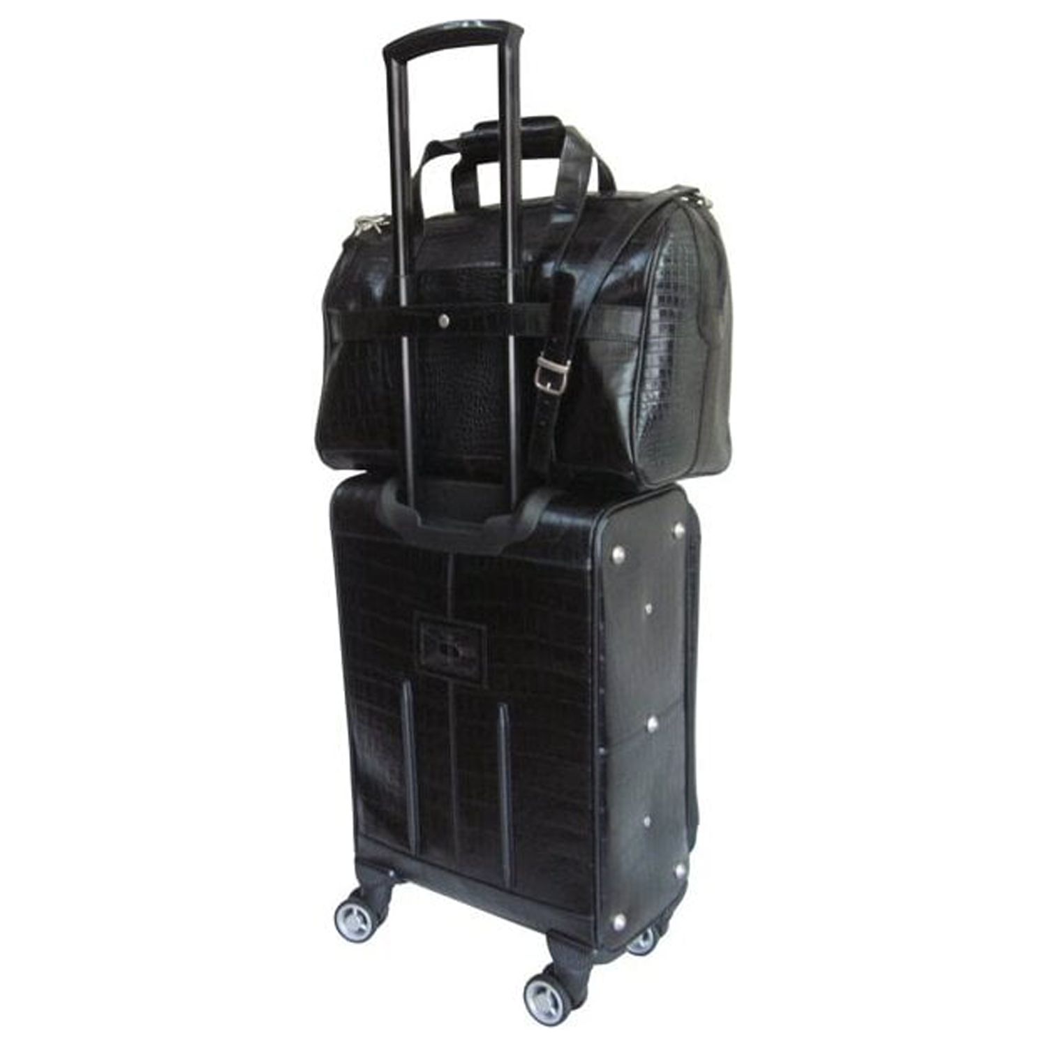 Black Leather Croco-Print 2-Piece Carry-On Spinner Luggage Set - image 4 of 4