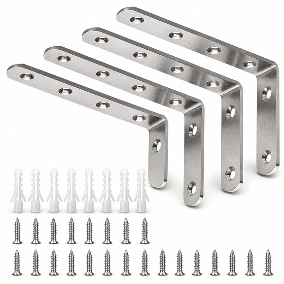 4 Pack Heavy Duty 5" x 3" L Brackets, Max Load: 35lb/15KG Stainless Steel Corner Brace Shelf Support with Screws for Wood Furniture