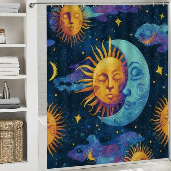RKSupls Christmas Shower Curtain, Celestial Sun Moon Shower Curtain with Hooks for Christmas Home Bathroom Decor Washable Curtains, 72x72 in