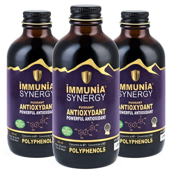 Immunia SYNERGY - Elderberry supplement & Antioxydant fruits. Concentrate of polyphenols | Synergy of 67 antioxidants. 5 ml/day (for 24 days). Made in Canada (3 bottles)