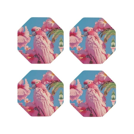 

Drink Coasters Set of 4 Pink Parrot Tropical Blossoms Leather Coasters for Coffee Table Protector Heat Resistant Cute Coasters for Home Decor Housewarming Gifts Bar Kitchen 4 Inch Octagon