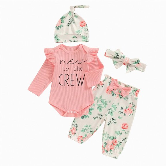 Xudanell New To The Crew Baby Girl Outfit Newborn Coming Home From Hospital Outfits Ribbed Romper Bodysuit Floral Pants Set(Pink, 0-3 Months)