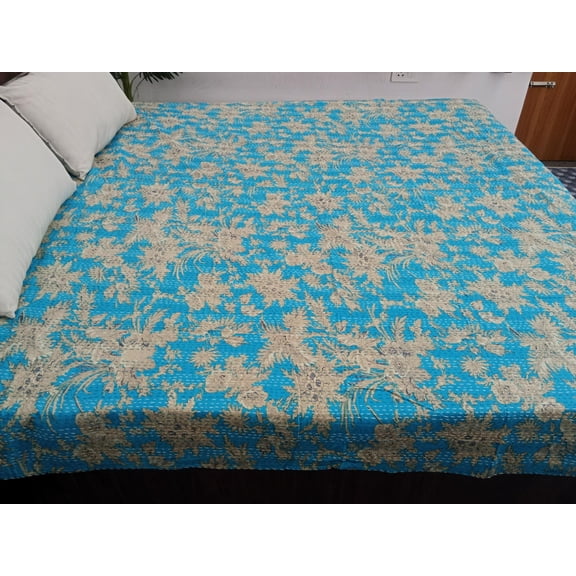 Handmade Cotton Kantha Quilt, Traditional Floral Print, Lightweight Bedspread – Blue, Twin Size