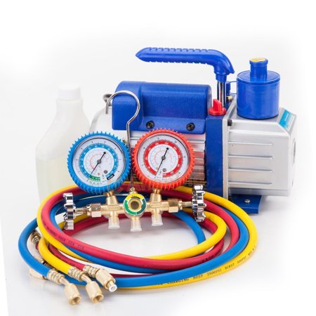 Vacuum Gauge Kit Zimtown Combo 3CFM Vane Vacuum Pump & Manifold Gauge, Include 1/4HP Rotary Vane Vacuum Pump & R134 HVAC AC Manifold Gauge Refrigerant Kit ()
