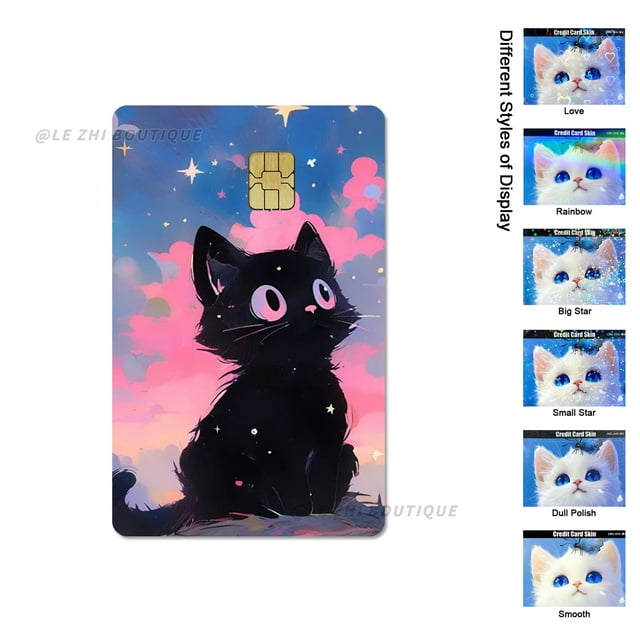Cute Black Cat Cartoon PVC Film Skin Sticker for Debit Card Credit Bank Card Sticker Shining Rainbow Stars Love Card Sticker