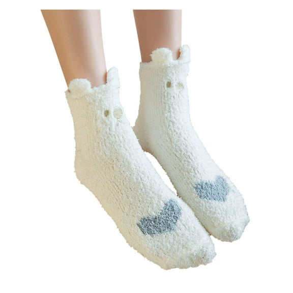 Fgnfyis Women's Winter Soft Embroidery Fuzzy Socks for Women Thick Warm Cartoon Home Slipper Socks Cat Design White
