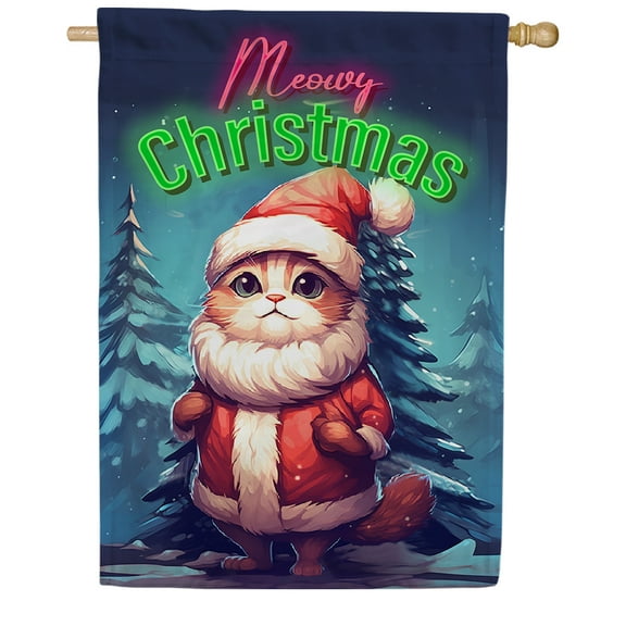 America Forever Meowy Christmas House Flag, 28 x 40 inch Double Sided, Christmas Cat Santa Banner, Orange Tabby Holiday Winter Outdoor Decor, Festive Pet Yard Flag