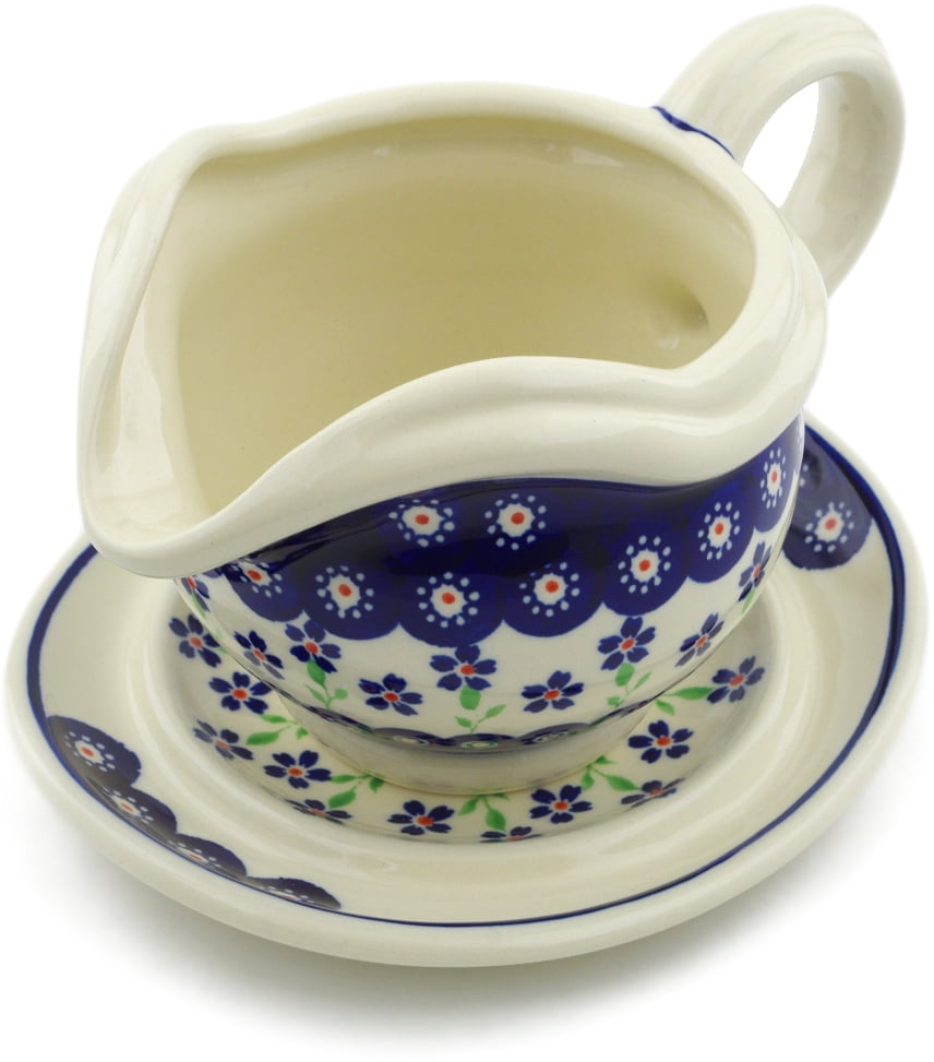 Polish Pottery 21 oz Gravy Boat with Saucer (Bright Peacock Daisy Theme
