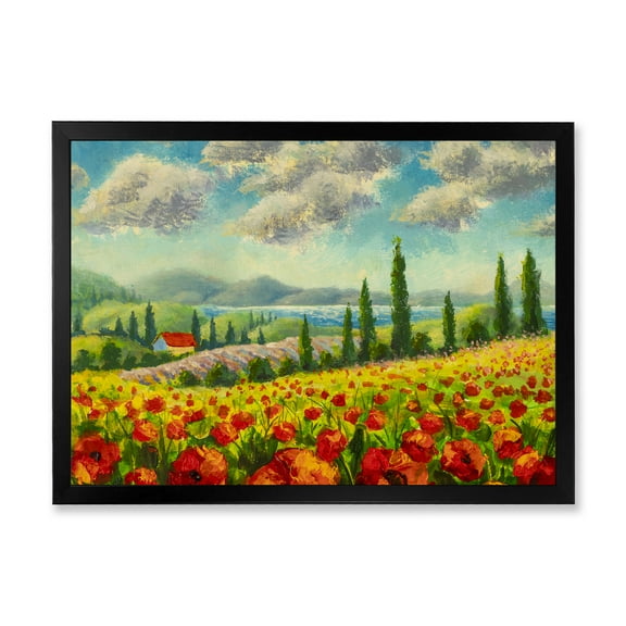 Designart 'Beautiful Landscape With Poppies Flowers By Riverside' Traditional Framed Art Print