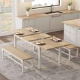 thumbnail image 1 of 3Pcs Dining Table Set for 4-6 People 63" Extendable Kitchen Table Set with 2 Benches Mid-Century Breakfast Dinette Dining Room Table Set for 6, Perfect for Small Space, White, 1 of 8