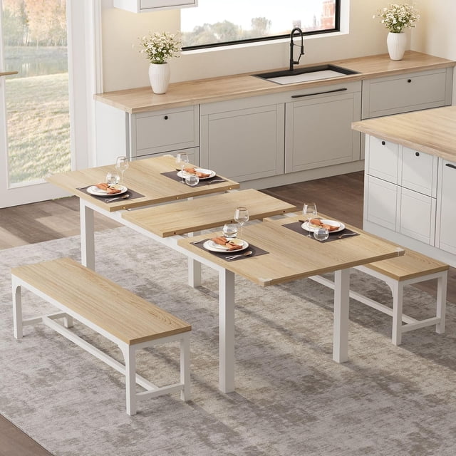 3Pcs Dining Table Set for 4-6 People 63" Extendable Kitchen Table Set with 2 Benches Mid-Century Breakfast Dinette Dining Room Table Set for 6, Perfect for Small Space, White