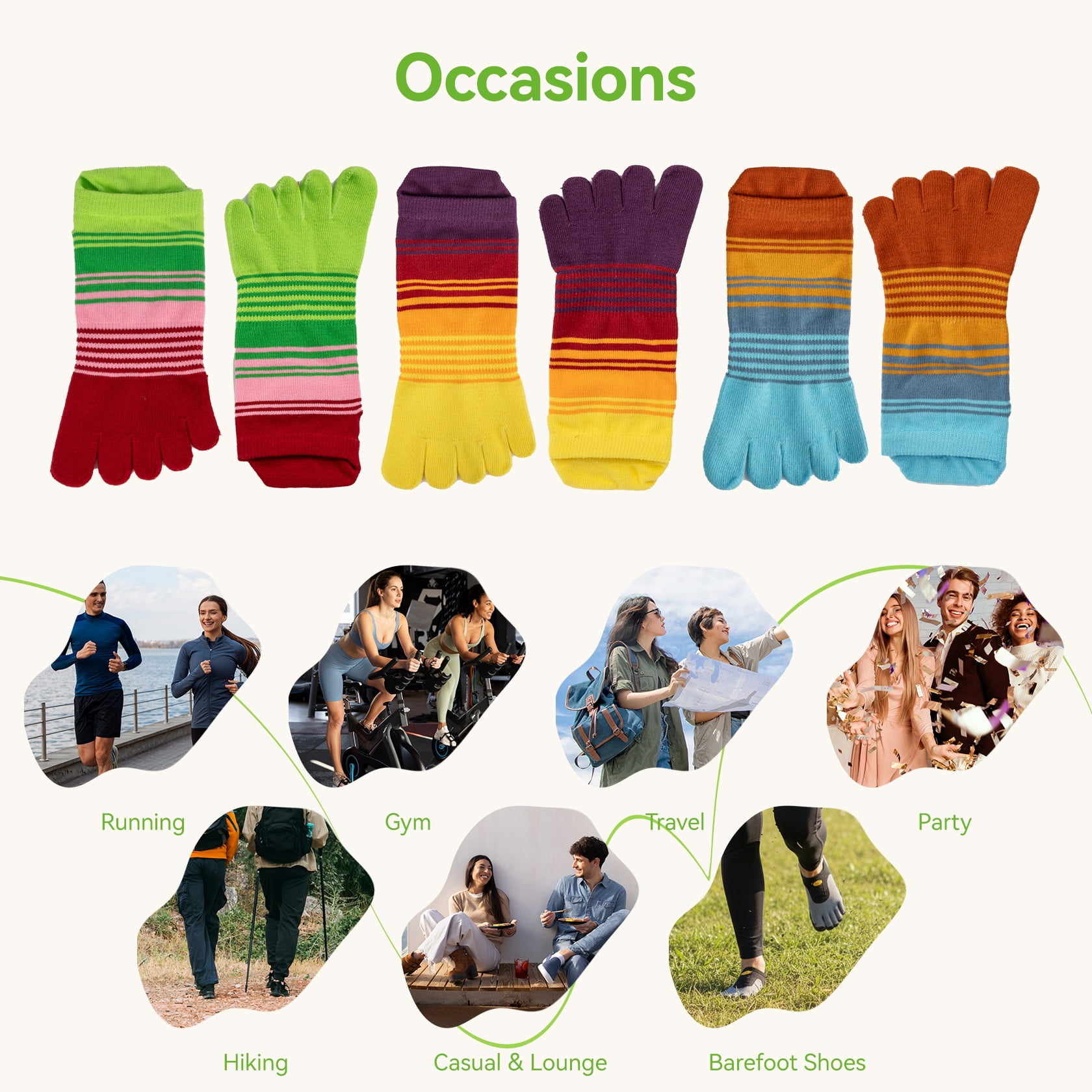 OpetHome Colorful Cotton Toe socks for women men, Ankle five toe socks 6 pairs Large